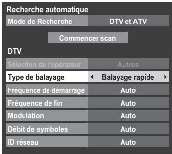 Recherche automatique Mode de Recherche DTV et ATV Commencer scan DTV Sélection de l'opérateur Autres Type de balayage ← Balayage rapide > Fréquence de démarrage Auto Fréquence de fin Auto Modulation Auto Débit de symboles Auto ID réseau Auto