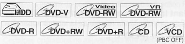 HDD DVD-V Video VR DVD-RW DVD-RW DVD-R DVD+RW DVD+R CD VCD (PBC OFF)
