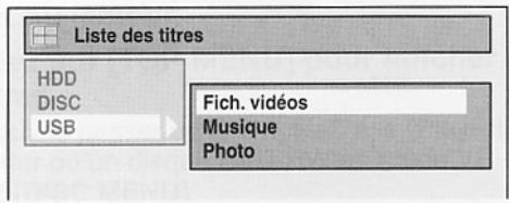 Liste des titres HDD DISC USB Fich. vidéos Musique Photo