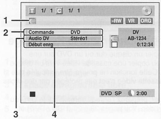 1/ 1 C 1/ 1 -T RW VR ORG Commande DVD Audio DV Stéréo1 Début enrg DV AB-1234 0:12:34 DVD SP 2:00 3 4