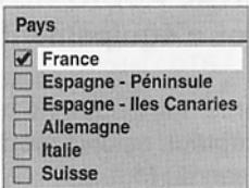 Pays ✓ France □ Espagne - Péninsule □ Espagne - Iles Canaries □ Allemagne □ Italie □ Suisse