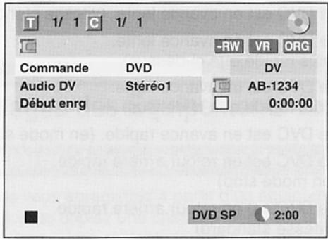 Commande DVD DV Audio DV Stéréo1 AB-1234 Début enrg 0:00:00 DVD SP 2:00