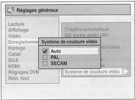 Réglages généraux Lecture Affichage Vidéo Enregistrement Horloge Canal DivX HDMI Réglages DVB Réin. tout Système de couleurs vidéo Auto PAL SECAM Chapitre automatique Sél. enreg. audio (XP) Système de couleurs vidéo