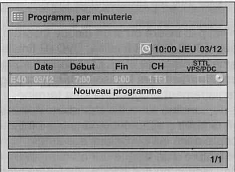 Programm. par minuterie 10:00 JEU 03/12 Date Début Fin CH STTL E40 03/12 7:00 9:00 1 TF1 VPS/PDC Nouveau programme 1/1