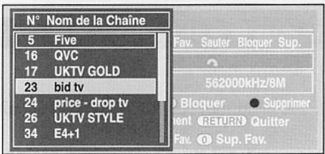 N° Nom de la Chaîne 5 Five 16 QVC 17 UKTV GOLD 23 bid tv 24 price - drop tv 26 UKTV STYLE 34 E4+1 Fav. Sauter Bloquer Sup. 562000kHz/8M Bloquer Supprimer ENT RETURN Quitter Fav. Sup. Fav.