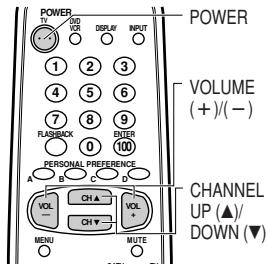 POWER 1 2 3 4 5 6 7 8 9 FLUSHBACK 0 100 PERSONAL PREFERENCE A B C D VOL CH ▲ VOL CH ▼ CH MENU MUTE POWER VOLUME (+)/(−) CHANNEL UP (▲)/ DOWN (▼)