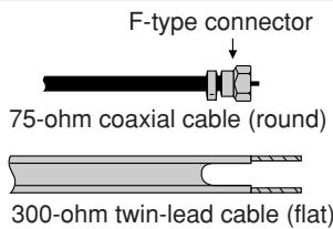 F-type connector 75-ohm coaxial cable (round) 300-ohm twin-lead cable (flat)