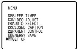 MENU ☑SLEEP TIMER ☑VIDEO ADJUST ☑AUDIO SELECT ☑CLOSED CAPTION ☑PARENT CONTROL ☑ENERGY SAVE ●SET UP