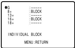 ●G :---- 8+ :BLOCK 13+ 16+ :BLOCK 18+ INDIVIDUAL BLOCK MENU:RETURN