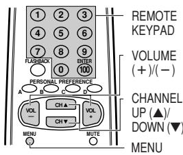 REMOTE KEYPAD VOLUME (+)/(−) CHANNEL UP (▲)/ DOWN (▼) MENU FASEREXT 1 2 3 4 5 6 7 8 9 0 100 PERSONAL PREFERENCE A B C VOL CH ▲ VOL CH ▼ CH Y MUTE MENU