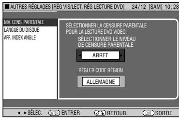 AUTRES RÉGLAGES [RÉG VIS/LECT. RÉG LECTURE DVD] 24/12 [SAM] 10:28 INV. CENS. PARENTALE LANGUE DU DISQUE AFF. INDEX ANGLE SÉLECTIONNER LA CENSURE PARENTALE POUR LA LECTURE DVD VIDEO. SÉLECTIONNER LE NIVEAU DE CENSURE PARENTALE ARRET RÉGLER CODE RÉGION ALLEMAGNE ◀ SÉLEC. ENTRÉR ENTRER RETOUR EXIT SORTIE
