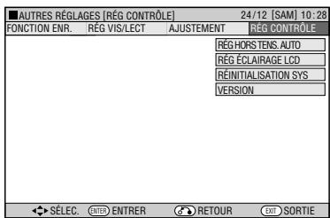 AUTRES RÉGLAGES [RÉG CONTRÔLE] 24/12 [SAM] 10:28 FONCTION ENR. RÉG VIS/LECT AJUSTEMENT RÉG CONTRÔLE RÉGHORS TENS. AUTO RÉG ÉCLAIRAGE LCD REINITIALISATION SYS VERSION SÉLEC. ENTER ENTRER RETOUR EXIT SORTIE