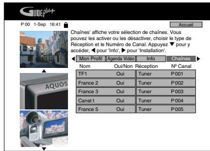 P 00 1-Sep 16:41 Accueil Chaines' affiche votre sélection de chaînes. Vous pouvez les activer ou les désactiver, choisir le type de Réception et le Numéro de Canal. Appuyez pour y accéder, pour 'Info', pour 'Installation'. Mon Profit Agenda Vidéo Info Chaînes Nom Oui/Non Réception N° Canal TF1 Oui Tuner P001 France 2 Oui Tuner P002 France 3 Oui Tuner P003 Canal t Oui Tuner P004 France 5 Oui Tuner P005