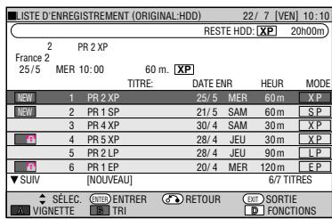 LISTE D'ENREGISTREMENT (ORIGINAL:HDD) 22/7 [VEN] 10:10 RESTE HDD: [XP] 20h00m 2 PR 2 XP France 2 25/5 MER 10:00 60 m. [XP] TITRE: DATE ENR HEUR MODE NEW 1 PR 2 XP 25/5 MER 60 m X P NEW 2 PR 1 SP 21/5 SAM 60 m S P 3 PR 4 XP 30/4 SAM 30 m X P 4 PR 5 XP 28/4 JEU 30 m X P 5 PR 2 LP 28/4 JEU 90 m L P 6 PR 1 EP 20/4 MER 120 m E P SUV [NOUVEAU] 6/7 TITRES ◆ SÉLEC. ENTER ENTRER RETOUR EXIT SORTIE X VIGNETTE TRI D FONCTIONS