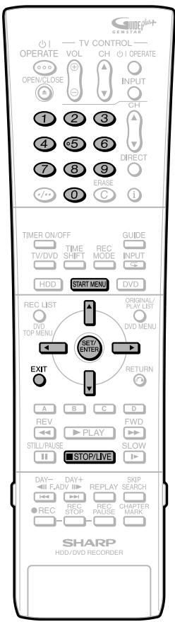 OPERATE OPEN/CLOSE TV CONTROL VOL CH OUTPUT INPUT CH DIRECT 0 C i TIME ON/OFF TV/DVD TIME SHIFT REC MODE GUIDE INPUT HDD START MENU DVD REC LIST DVD TOP MENU SET/ENTER ORIGINAL/ PLAY LIST DVD MENU EXIT RETURN A B C D REV PLAY FWD STILL/PAUSE SLOW STOP/LIVE DAY- F.ADV REPLAY SKIP SEARCH REC STOP REC PAUSE CHAPTER MARK SHARP HDD/DVD RECORDER