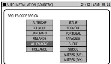 AUTO INSTALLATION [COUNTRY] 24/12 [SAM] 10:28 RÉGLER CODE RÉGION AUTRICHE ITALIE BELGIQUE NORVÉGE DANEMARK PORTUGAL FINLANDE ESPAGNOL ALLEMAGNE SUÉDE HOLLANDE SUISSE AUTRES (B/G) AUTRES (D/K)