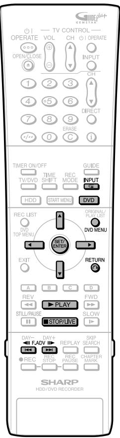 OPERATE VOL CH 01 OPERATE OPEN/CLOSE INPUT CH 4 5 6 DIRECT 7 8 9 ERASE 0 C i TIMER ON/OFF TIME SHIFT REC MODE GUIDE TV/DVD HDD START MENU DVD REC LIST DVD TOP MENU SET/ENTER ORIGINAL/ PLAY LIST DVD MENU EXIT RETURN A B C D REV PLAY FWD STILL/PUSE STOP/LIVE SLOW DAY- F,ADV REPLAY SKIP SEARCH REC STOP REC/PAUSE CHAPTER MARK SHARP HDD/DVD RECORDER