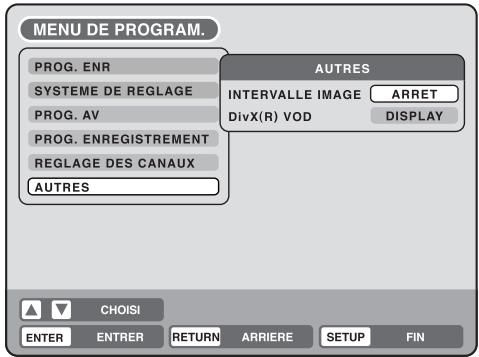 MENU DE PROGRAM. PROG. ENR SYSTEME DE REGLAGE PROG. AV PROG. ENREGISTREMENT REGLAGE DES CANAUX AUTRES AUTRES INTERVALLE IMAGE ARRET DivX(R) VOD DISPLAY CHOISI ENTER ENTRER RetURN ARRIERE SETUP FIN