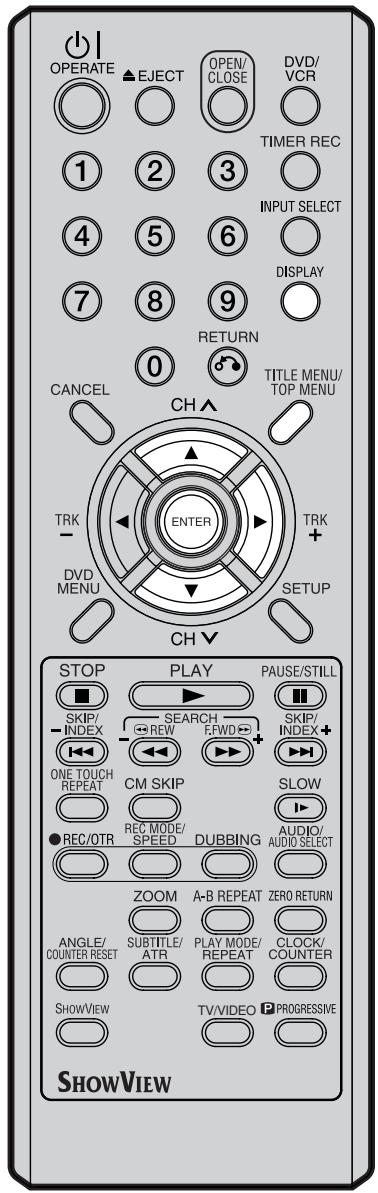 OPERATE ▲EJECT OPEN/ CLOSE DVD/ VCR 1 2 3 TIMER REC 4 5 6 INPUT SELECT 7 8 9 DISPLAY RETURN 0 TITLE MENU/ TOP MENU CANCEL CH ▲ TRK ENTER TRK + DVD MENU SETUP CH ▼ STOP PLAY PAUSE/STILL SKIP/ INDEX SEARCH SKIP/ INDEX + ONE TOUCH REPEAT CM SKIP SLOW ● REC/OTR REC MODE/ SPEED DUBBING AUDIO/ AUDIO SELECT ZOOM A-B REPEAT ZERO RETURN ANGLE/ COUNTER RESET SUBTITLE/ ATR PLAY MODE/ REPEAT CLOCK/ COUNTER SHOWVIEW TV/VIDEO PROGRESSIVE SHOWVIEW
