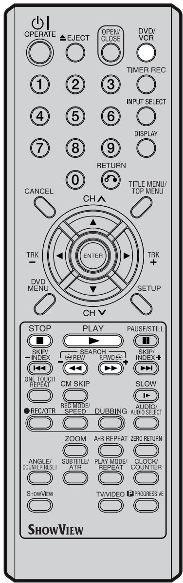 OPERATE EJECT OPEN/ CLOSE DVD/ VCR TIMER REC 1 2 3 INPUT SELECT 4 5 6 DISPLAY 7 8 9 RETURN 0 TITLE MENU/ TOP MENU CANCEL CH TRK - ENTER TRK + DVD MENU SETUP CH STOP PLAY PAUSE/STILL SKIP/ INDEX SEARCH REW FWD SKIP/ INDEX+ ONE TOUCH REPEAT CM SKIP SLOW ● REC/OTR REC MODE/ SPEED DUBBING AUDIO/ AUDIO SELECT ZOOM A-B REPEAT ZERO RETURN ANGLE/ COUNTER RESET SUBTITLE/ ATR PLAY MODE/ REPEAT CLOCK/ COUNTER SHOWVIEW TV/VIDEO PROGRESSIVE SHOWVIEW