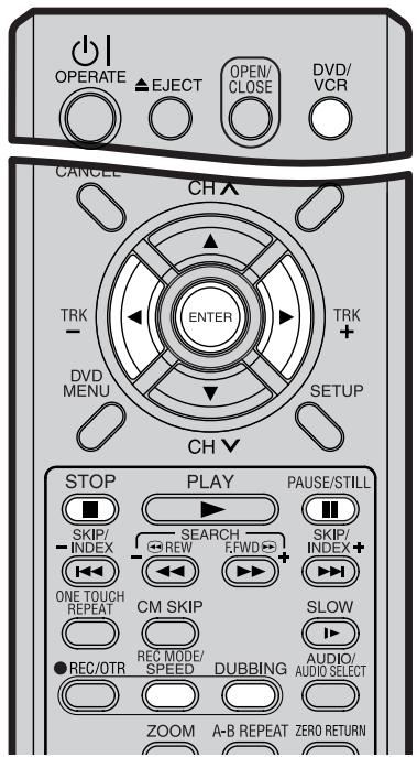 OPERATE ▲EJECT OPEN/ CLOSE DVD/ VCR CANCE CH TRK - ENTER TRK + DVD MENU SETUP CH V STOP PLAY PAUSE/STILL SKIP/ INDEX SEARCH SKIP/ INDEX + ONE TOUCH REPEAT REM FWD + CM SKIP + SLOW ● REC/OTR REC MODE/ SPEED DUBBING AUDIO/ AUDIO SELECT ZOOM A-B REPEAT ZERO RETURN