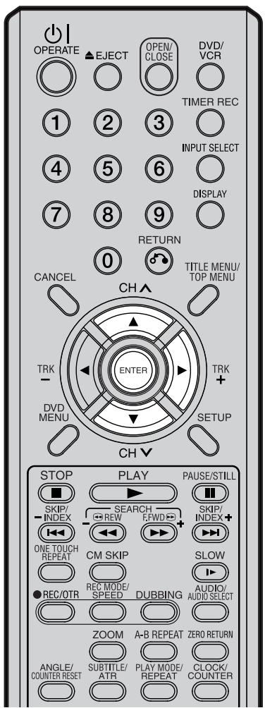 OPERATE EJECT OPEN/ CLOSE DVD/ VCR TIMER REC INPUT SELECT DISPLAY RETURN TITLE MENU/ TOP MENU CANCEL CH▲ TRK - ENTER TRK + DVD MENU SETUP CH▼ STOP PLAY PAUSE/STILL SKIP/ INDEX SEARCH REW F,WFD SKIP/ INDEX+ ONE TOUCH REPEAT CM SKIP SLOW ●REC/OTR REC MODE/ SPEED DUBBING AUDIO/ AUDIO SELECT ZOOM A-B REPEAT ZERO RETURN ANGLE/ COUNTER RESET SUBTITLE/ ATR PLAY MODE/ REPEAT CLOCK/ COUNTER