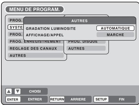 MENU DE PROGRAM. PROG. AUTRES SYSTE GRADATION LUMINOSITE AUTOMATIQUE PROG. AFFICHAGE/APPEL MARCHE PROG. ENREGISTREMENT PROG. DISQUE REGLAGE DES CANAUX AUTRES AUTRES CHOISI ENTER ENTRER RETURN ARRIERE SETUP FIN
