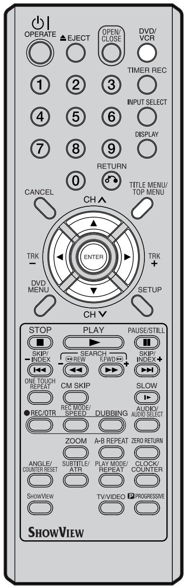 OPERATE EJECT OPEN/ CLOSE DVD/ VCR TIMER REC 1 2 3 INPUT SELECT 4 5 6 DISPLAY 7 8 9 RETURN 0 TITLE MENU/ TOP MENU CANCEL CH TRK - ENTER TRK + DVD MENU SETUP CH STOP PLAY PAUSE/STILL SKIP/ INDEX SEARCH SKIP/ INDEX+ ONE TOUCH REPEAT CM SKIP SLOW ● REC/OTR REC MODE/ SPEED DUBBING AUDIO/ AUDIO SELECT ZOOM A-B REPEAT ZERO RETURN ANGLE/ COUNTER RESET SUBTITLE/ ATR PLAY MODE/ REPEAT CLOCK/ COUNTER SHOWVIEW TV/VIDEO PROGRESSIVE SHOWVIEW