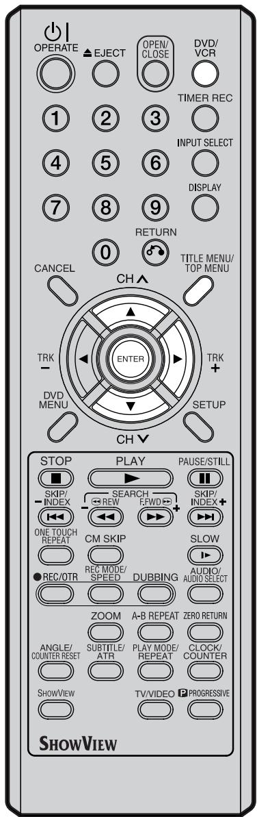 OPERATE EJECT OPEN/ CLOSE DVD/ VCR TIMER REC 1 2 3 INPUT SELECT 4 5 6 DISPLAY 7 8 9 RETURN 0 TITLE MENU/ TOP MENU CANCEL CH TRK - ENTER TRK + DVD MENU SETUP CH STOP PLAY PAUSE/STILL SKIP/ INDEX SEARCH REW EFWD SKIP/ INDEX+ ONE TOUCH REPEAT CM SKIP SLOW ● REC/OTR REC MODE/ SPEED DUBBING AUDIO/ AUDIO SELECT ZOOM A-B REPEAT ZERO RETURN ANGLE/ COUNTER RESET SUBTITLE/ ATRI PLAY MODE/ REPEAT CLOCK/ COUNTER SHOWVIEW TV/VIDEO PROGRESSIVE SHOWVIEW