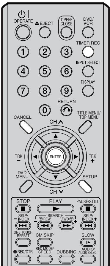 OPERATE ▲EJECT OPEN/ CLOSE DVD/VCR 1 2 3 TIMER REC 4 5 6 INPUT SELECT 7 8 9 DISPLAY 0 RETURN CANCEL TITLE MENU/TOP MENU CH▲ TRK ENTER TRK + DVD MENU SETUP CH▼ STOP PLAY PAUSE/STILL SKIP/ INDEX SEARCH SKIP/ - INDEX - REW FWD INDEX+ ONE TOUCH REM + ON/OFF REPEAT CM SKIP SLOW ● REC/OTR REC MODE/DUBBING AUDIO/ SPEED SPEED SPEED DUBBING AUDIO SELECT