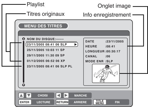Playlist Titres originaux Onglet image Info enregistrement MENU DES TITRES NOM DU DISQUE:---- 23/11/2005 08:41 06 SLP 25/11/2005 10:03 11 SP 29/11/2005 11:30 09 SP 01/12/2005 06:52 06 XP 23/11/2005 08:41 06 SLP PL DATE :23/11/2005 HEURE :08:41 LONGUEUR :00:30:17 CANAL :06 MODE ENR :SLP CHOISI MARCHE ENTER LECTURE RETURN ARRIERE TITLE MENU FIN