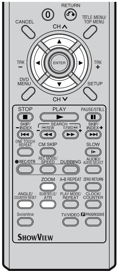 RETURN TITLE MENU/ TOP MENU CANCEL CH TRK - DVD MENU ENTER SETUP CH STOP PLAY PAUSE/STILL SKIP/ INDEX SEARCH REW F.WD SKIP/ INDEX+ ONE TOUCH REPEAT CM SKIP SLOW ● REC/OTR REC.MODE/ SPEED DUBBING AUDIO/ AUDIO SELECT ZOOM A-B REPEAT ZERO RETURN ANGLE/ COUNTER RESET SUBTITLE/ ATR PLAY MODE/ REPEAT CLOCK/ COUNTER SHOWVIEW TV/VIDEO PROGRESSIVE SHOWVIEW