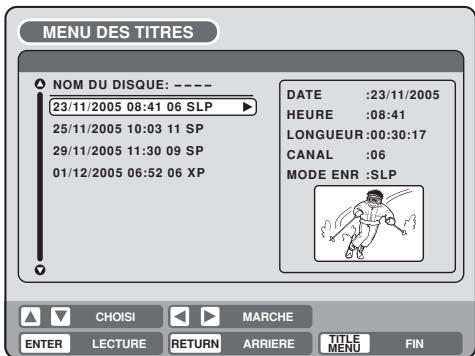 MENU DES TITRES NOM DU DISQUE: ---- 23/11/2005 08:41 06 SLP ▶ 25/11/2005 10:03 11 SP 29/11/2005 11:30 09 SP 01/12/2005 06:52 06 XP DATE :23/11/2005 HEURE :08:41 LONGUEUR:00:30:17 CANAL :06 MODE ENR :SLP CHOISI MARCHE ENTER LECTURE RETURN ARRIERE TITLE MENU FIN