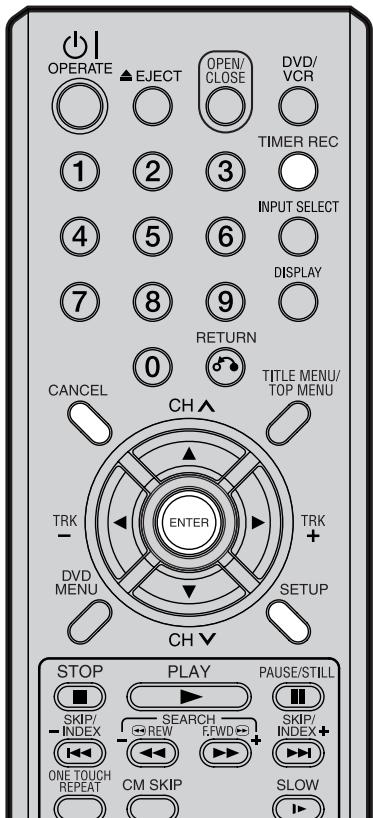 OPERATE EJECT OPEN/ CLOSE DVD/ VCR TIMER REC 1 2 3 INPUT SELECT 4 5 6 DISPLAY 7 8 9 RETURN 0 TITLE MENU/ TOP MENU CANCEL CH ENTER TRK - DVD MENU SETUP CH STOP PLAY PAUSE/STILL SKIP/ INDEX SEARCH REW F.WFD SKIP/ INDEX+ ONE TOUCH REPEAT CM SKIP SLOW