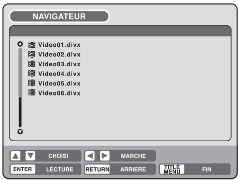 NAVIGATEUR Video01.divx Video02.divx Video03.divx Video04.divx Video05.divx Video06.divx CHOISI MARCHE ENTER LECTURE RETURN ARRIERE TITLE MENU FIN