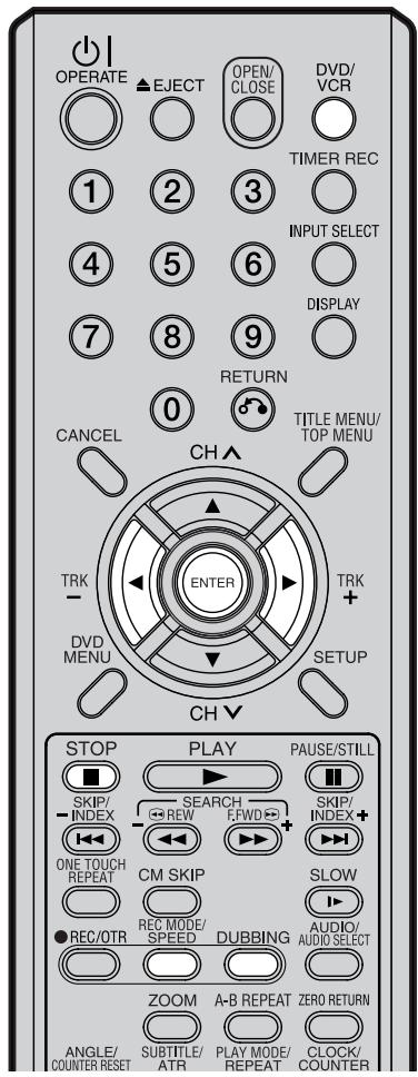OPERATE ▲EJECT OPEN/ CLOSE DVD/ VCR 1 2 3 TIMER REC INPUT SELECT 4 5 6 DISPLAY 7 8 9 RETURN 0 TITLE MENU/ TOP MENU CANCEL CH▲ TRK - ENTER TRK + DVD MENU SETUP CH▼ STOP PLAY PAUSE/STILL SKIP/ INDEX SEARCH SKIP/ INDEX+ ONE TOUCH REPEAT CM SKIP SLOW ●REC/OTR REC MODE/ SPEED DUBBING AUDIO/ AUDIO SELECT ZOOM A-B REPEAT ZERO RETURN ANGLE/ COUNTER RESET SUBTITLE/ ATR PLAY MODE/ REPEAT CLOCK/ COUNTER