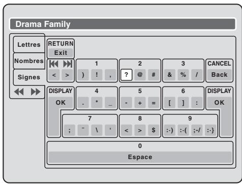 Drama Family Lettres Nombres Signes RETURN Exit 1 2 3 CANCEL Back < < ? @ # & % / DISPLAY OK 4 5 6 DISPLAY OK 7 8 9 : :·) :·( ;-/ :·) < > < > $ ::) :·( ;-/ :·) 0 Espace