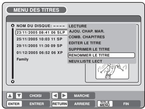 MENU DES TITRES NOM DU DISQUE: ---- 23/11/2005 08:41 06 SLP 25/11/2005 10:03 11 SP 29/11/2005 11:30 09 SP 01/12/2005 06:52 06 XP Family LECTURE AJOU. CHAP. MAR. COMB. CHAPITRES EDITER LE TITRE SUPPRIMER LE TITRE RENOMMER LE TITRE NEUV.LISTE LECT CHOISI MARCHÉ ENTER ENTRER RETURN ARRIERE TITLE MENU FIN