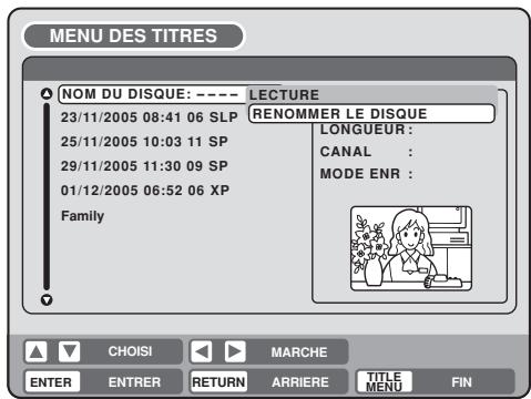 MENU DES TITRES NOM DU DISQUE: ---- LECTURE 23/11/2005 08:41 06 SLP 25/11/2005 10:03 11 SP 29/11/2005 11:30 09 SP 01/12/2005 06:52 06 XP Family RENOMMER LE DISQUE LONGUEUR : CANAL : MODE ENR : CHOISI MARCHE ENTER ENTRER RETURN ARRIERE TITLE MENU FIN