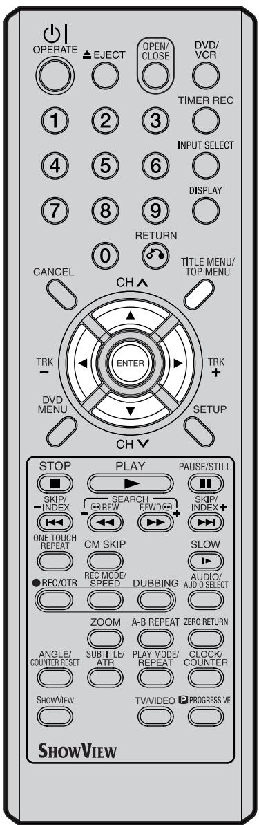 OPERATE EJECT OPEN/ CLOSE DVD/ VCR 1 2 3 TIMER REC INPUT SELECT 4 5 6 DISPLAY 7 8 9 RETURN 0 TITLE MENU/ TOP MENU CANCEL CH TRK - ENTER TRK + DVD MENU SETUP CH STOP PLAY PAUSE/STILL SKIP/ -INDEX SEARCH REW FFWD SKIP/ -INDEX+ ONE TOUCH REPEAT CM SKIP SLOW REC/OTR REC MODE/ SPEED DUBBING AUDIO/ AUDIO SELECT ZOOM A-B REPEAT ZERO RETURN ANGLE/ COUNTER RESET SUBTITLE/ ATRI PLAY MODE/ REPEAT CLOCK/ COUNTER SHOWVIEW TV/VIDEO PROGRESSIVE SHOWVIEW