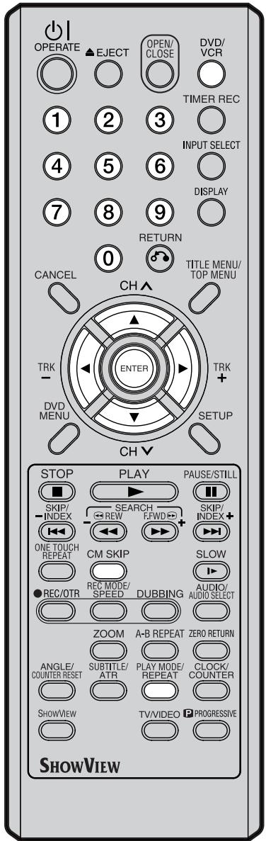 OPERATE ▲EJECT OPEN/ CLOSE DVD/ VCR TIMER REC 1 2 3 INPUT SELECT 4 5 6 DISPLAY 7 8 9 RETURN 0 TITLE MENU/ TOP MENU CANCEL CH TRK - ENTER TRK + DVD MENU SETUP CH▼ STOP PLAY PAUSE/STILL SKIP/ INDEX SEARCH REW F.WD SKIP/ INDEX+ ONE TOUCH REPEAT CM SKIP SLOW REC/OTR REC MODE/ SPEED DUBBING AUDIO/ AUDIO SELECT ZOOM A-B REPEAT ZERO RETURN ANGLE/ COUNTER RESET SUBTITLE/ ATR PLAY MODE/ REPEAT CLOCK/ COUNTER SHOWVIEW TV/VIDEO PROGRESSIVE SHOWVIEW