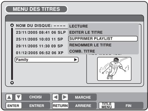 MENU DES TITRES NOM DU DISQUE: ---- 23/11/2005 08:41 06 SLP 25/11/2005 10:03 11 SP 29/11/2005 11:30 09 SP 01/12/2005 06:52 06 XP Family LECTURE EDITER LE TITRE SUPPRIMER PLAYLIST RENOOMMER LE TITRE COMB. TITRE CHOISI MARCHE ENTER ENTRER RETURN ARRIERE TITLE MENU FIN