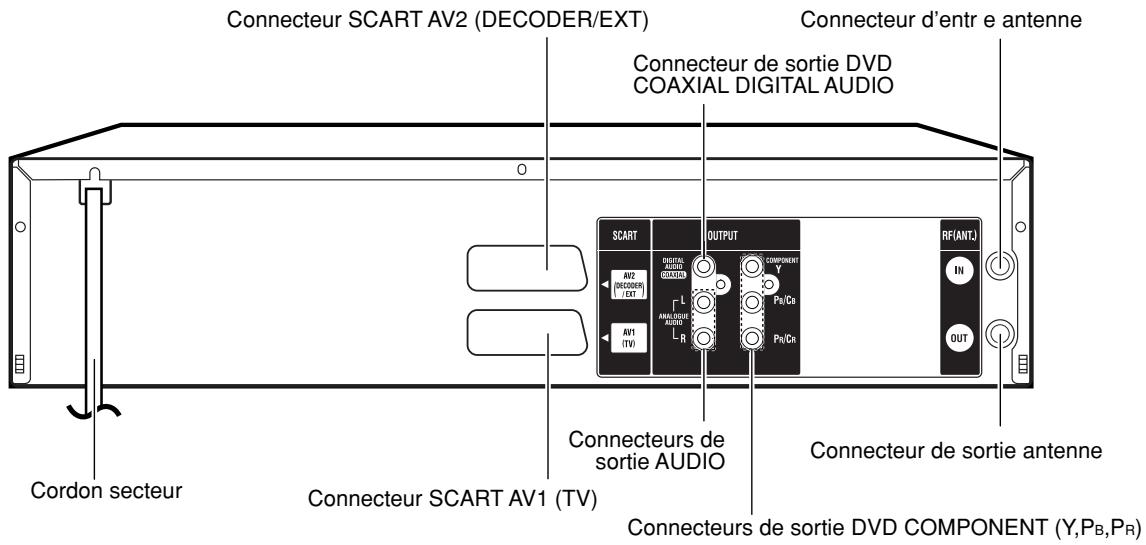 Connecteur SCART AV2 (DECODER/EXT) Connecteur d'entr e antenne Connecteur de sortie DVD COAXIAL DIGITAL AUDIO Cordon secteur Connecteur SCART AV1 (TV) Connecteurs de sortie AUDIO Connecteurs de sortie antennae Connecteurs de sortie DVD COMPONENT (Y,P_B,P_R)