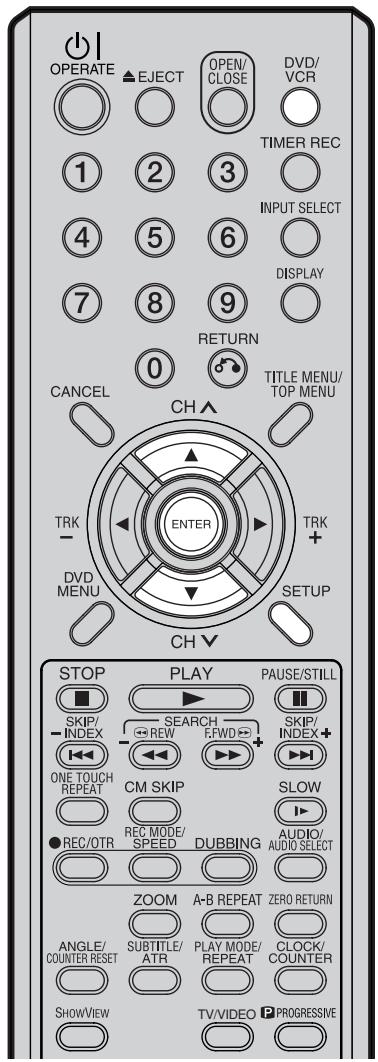 OPERATE EJECT OPEN/ CLOSE DVD/ VCR TIMER REC 1 2 3 INPUT SELECT 4 5 6 DISPLAY 7 8 9 RETURN 0 TITLE MENU/ TOP MENU CANCEL CH ENTER TRK- DVD MENU SETUP CH▼ STOP PLAY PAUSE/STILL SKIP/ INDEX SEARCH REW F.WD SKIP/ INDEX+ ONE TOUCH REPEAT CM SKIP SLOW REC/OTR REC MODE/ SPEED DUBBING AUDIO/ AUDIO SELECT ZOOM A-B REPEAT ZERO RETURN ANGLE/ COUNTER RESET SUBTITLE/ ATR PLAY MODE/ REPEAT CLOCK/ COUNTER SHOWVIEW TV/VIDEO PROGRESSIVE