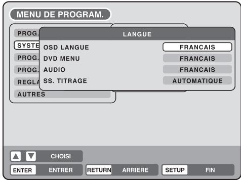 MENU DE PROGRAM. PROG SYSTE PROG. PROG. REGLA AUTRES LANGUE OSD LANGUE DVD MENU AUDIO SS. TITRAGE FRANÇAIS FRANÇAIS FRANÇAIS AUTOMATIQUE CHOISI ENTER ENTRER RETURN ARRIERE SETUP FIN