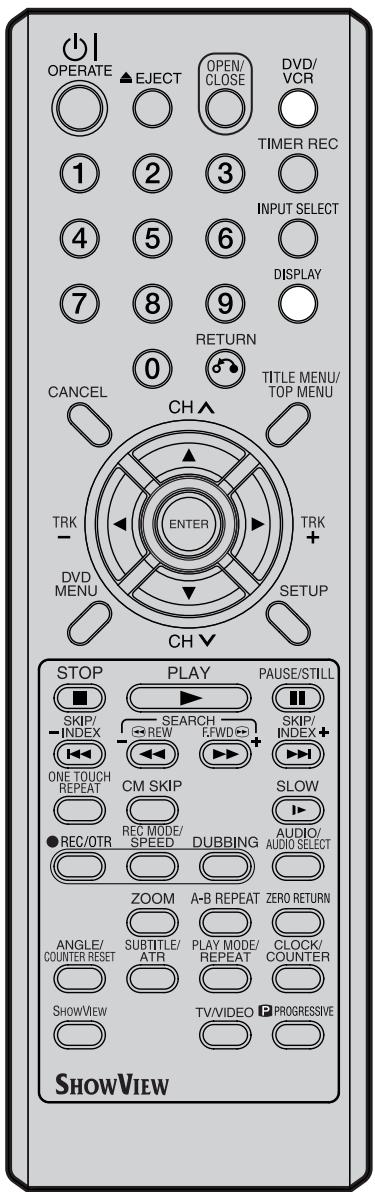 OPERATE ▲EJECT OPEN/ CLOSE DVD/ VCR 1 2 3 TIMER REC 4 5 6 INPUT SELECT 7 8 9 DISPLAY 0 RETURN CANCEL TITLE MENU/ TOP MENU CH ▲ TRK ENTER TRK + DVD MENU SETUP CH ▼ STOP PLAY PAUSE/STILL SKIP/ INDEX SEARCH SKIP/ INDEX+ ONE TOUCH REPEAT CM SKIP SLOW RECA/OTR REC MODE/ SPEED DUBBING AUDIO/ AUDIO/ AUDIO SELECT ZOOM A-B REPEAT ZERO RETURN ANGLE/ COUNTER RESET SUBTITLE/ ATR PLAY MODE/ REPEAT CLOCK/ COUNTER SHOWVIEW TV/VIDEO PROGRESSIVE SHOWVIEW