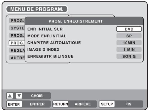 MENU DE PROGRAM. PROG. ENREGISTREMENT SYSTE ENR INITIAL SUR DVD PROG. MODE ENR INITIAL SP PROG. CHAPITRE AUTOMATIQUE 10MIN REGLA IMAGE D'INDEX 1 MIN AUTRE ENREGISTR BILINGUE SON G CHOISI ENTER ENTRER RETURN ARRIERE SETUP FIN