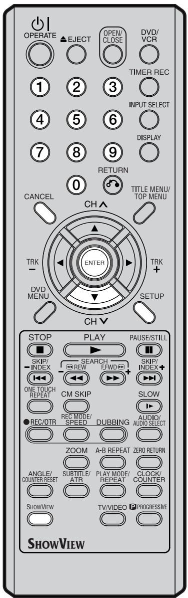 OPERATE EJECT OPEN/ CLOSE DVD/ VCR TIMER REC INPUT SELECT DISPLAY RETURN TITLE MENU/ TOP MENU CANCEL CH TRK - ENTER TRK + DVD MENU SETUP CH STOP PLAY PAUSE/STILL SKIP/ INDEX SEARCH REW F,FWD SKIP/ INDEX+ ONE TOUCH REPEAT CM SKIP SLOW ●REC/OTR REC MODE/ SPEED DUBBING AUDIO/ AUDIO SELECT ZOOM A-B REPEAT ZERO RETURN ANGLE/ COUNTER RESET SUBTITLE/ ATR PLAY MODE/ REPEAT CLOCK/ COUNTER SHOWVIEW TV/VIDEO PROGRESSIVE SHOWVIEW
