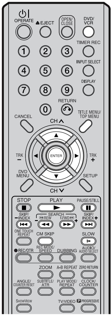 OPERATE EJECT OPEN/ CLOSE DVD/ VCR TIMER REC 1 2 3 INPUT SELECT 4 5 6 DISPLAY 7 8 9 RETURN 0 TITLE MENU/ TOP MENU CANCEL CH ENTER TRK - DVD MENU SETUP CH▼ STOP PLAY PAUSE/STILL SKIP/ INDEX SEARCH REW FWD SKIP/ INDEX+ ONE TOUCH REPEAT CM SKIP SLOW REC/OTR REC MODE/ SPEED DUBBING AUDIO/ AUDIO SELECT ZOOM A-B REPEAT ZERO RETURN ANGLE/ COUNTER RESET SUBTITLE/ ATR PLAY MODE/ REPEAT CLOCK/ COUNTER SHOWVIEW TV/VIDEO PROGRESSIVE
