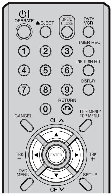 OPERATE ▲EJECT OPEN/ CLOSE DVD/ VCR 1 2 3 TIMER REC 4 5 6 INPUT SELECT 7 8 9 DISPLAY 0 RETURN CANCEL TITLE MENU/ TOP MENU CH ↑ TRK - ENTER TRK + DVD MENU SETUP CH ↓